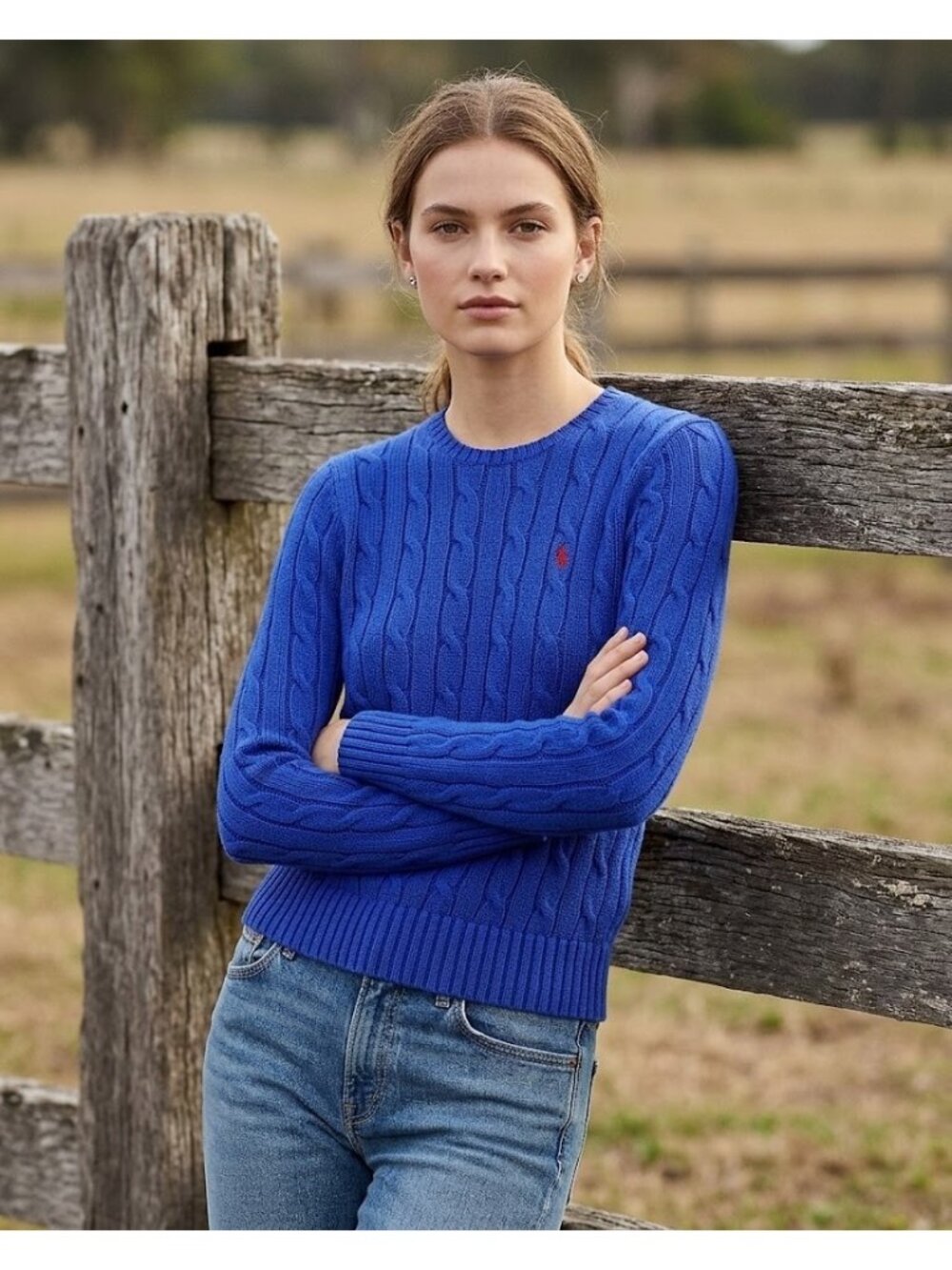 NWT Polo Ralph Lauren Cable-Knit Pima Cotton Crew Neck in Blue Sweater L